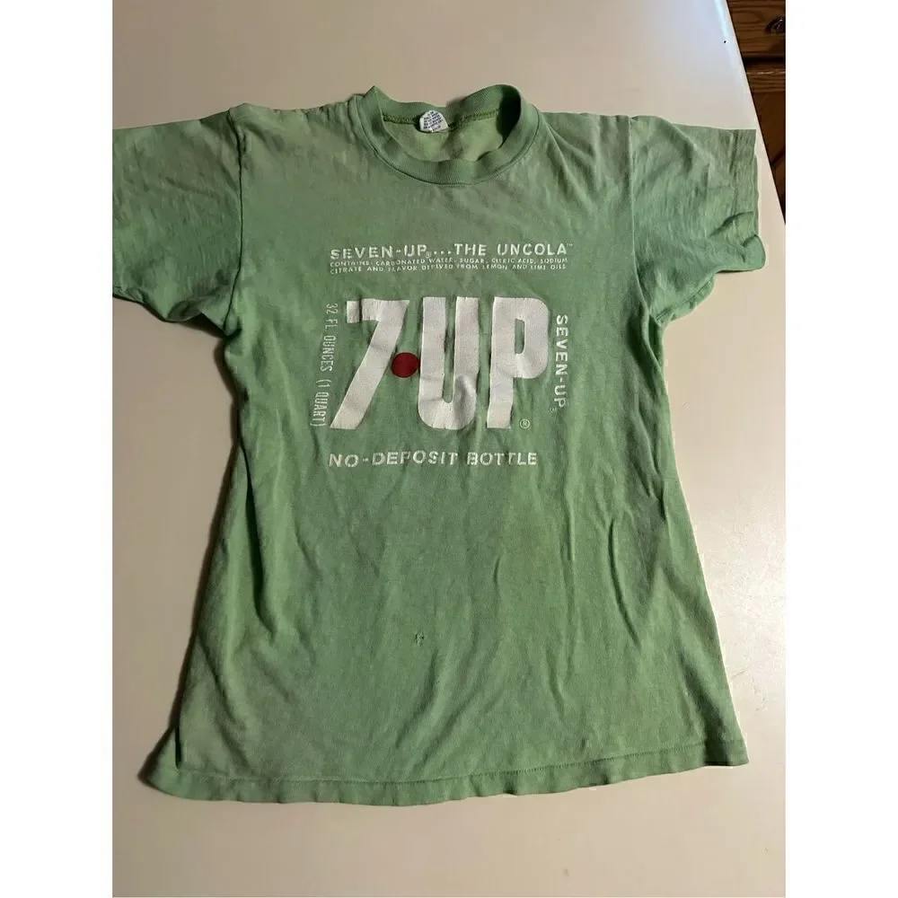 Vintage 7 Up Youth XL Green Graphic Shirt Single Stitch USA made repaired Artex